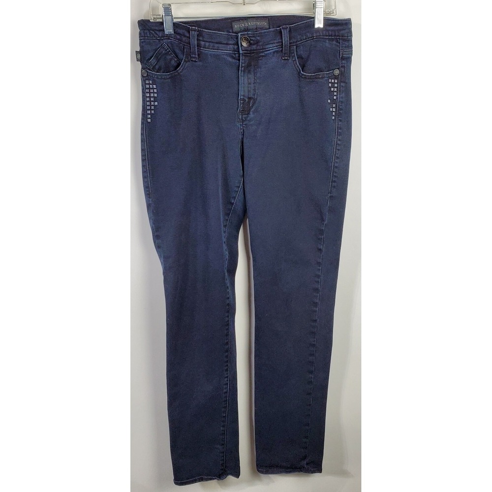 Rock & Republic Jeans Womens Denim 16 Blue Berlin Dark Wash Embellished 32X29